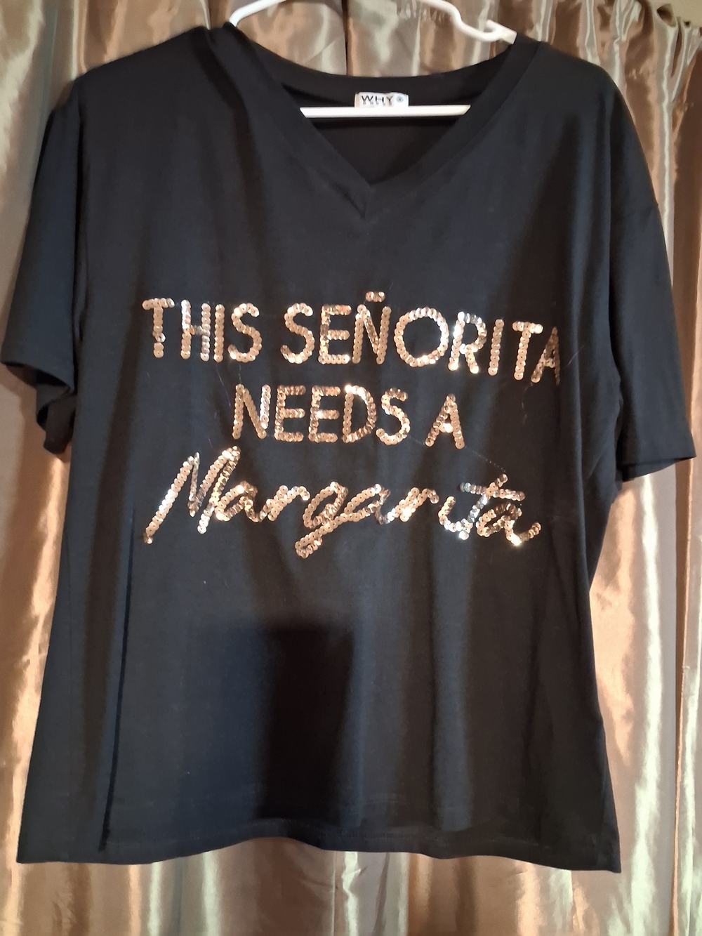 Black V-Neck Tee with Gold Sequin Slogan